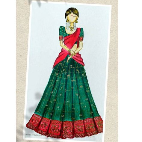 Pattu half saree with gold border with traditional colours Half Saree Designs Simple, Saree Illustration, Pattu Half Saree, Saree Pattu, Drawing Of A Girl, Digital Fashion Illustration, Saree Traditional, Dark Fairycore, Long Frock Designs