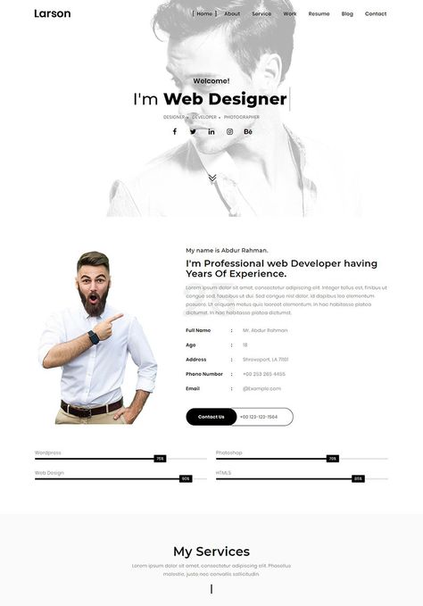 Have a look at the live preview for the high quality Larson - Minimal Personal/Portfolio Template Landing Page Template (#75570) get yourself informed about this design before you purchase it. Go t Webdesign Portfolio, Portfolio Landing Page, Personal Website Design, Web Design Inspiration Portfolio, Layout Portfolio, Restaurant Web, Minimalist Theme, Landing Page Inspiration, Logos Retro