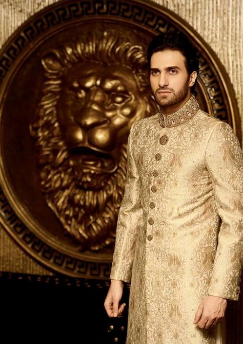 Model in golden sherwani. https://www.facebook.com/Shaadi.org.pk?fref=nf Golden Sherwani Grooms, Indian Men Wedding Outfit, Pakistani Wedding Dresses For Men, Golden Sherwani, Men Wedding Attire Guest, Groom Indian Wedding Outfits, Groom Sherwani, Groom Dress Men, Indian Groom Wear