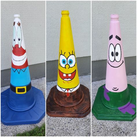 Spongebob Cone Painting, Spongebob Traffic Cone, Traffic Cone Art Paint Trippy, Road Cone Art, Patrick Traffic Cone, Street Cone Painting, Cute Painted Traffic Cones, Painted Street Cones, Traffic Cone Art Paint