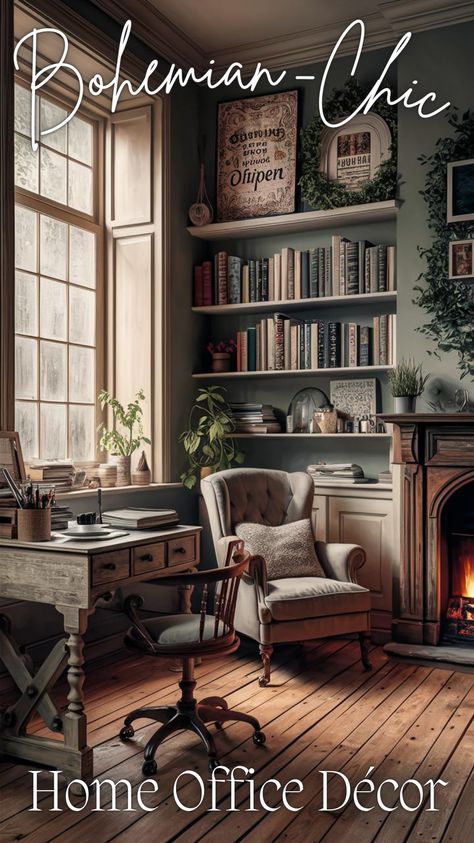 Design a sanctuary with boho home office decor. Use cozy room decor, vintage, and victorian pieces for a unique look. Boho lamps and a boho wall enhance the space, making it perfect for work and relaxation. #bohohomeofficesanctuary #bohostyleinteriordesign #chicbohemiandecor #vintage #boholamps #bohowall #bohochichomeoffice #homeoffice #cozyroomdecor #bohemianstyle Heritage Office Design, Home Office Reading Room, Cosy Home Office Ideas, Cottage Office Ideas, Cottage Home Office, Boho Style Interior Design, Boho Lamps, Scandi Boho Interior, Boho Home Office