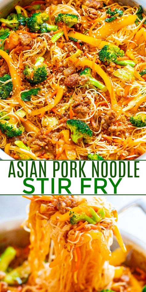 20-Minute Asian Pork Noodles Recipe - Averie Cooks Mi Xao, Pork Stir Fry Recipes, Noodle Stir Fry, Pork Noodles, Asian Noodle Recipes, Averie Cooks, Asian Pork, Pork Stir Fry, Shredded Carrots