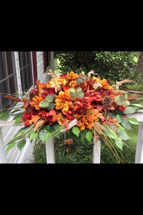 Fall saddle Headstone Arrangements, Headstone Flowers, Flower Room Ideas, Cemetery Saddles, Headstones Decorations, Cemetery Ideas, Grave Flowers, Cemetery Decorations, Flower Room