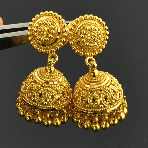 22k Solid Yellow Gold Post Earrings With Backs PAIR Jhumka Designs, Gold Jhumka Earrings, Gold Bridal Earrings, Gold Jewelry Stores, Wedding Jewellery Collection, Gold Jewelry Earrings, Gold Bangles Design, Gold Fashion Necklace, Bridal Gold Jewellery Designs