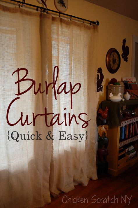 DIY Burlap curtains - so easy. Sew a strip of ribbon at the top (fold over) - and then use the clips to hang. Burlap Curtains Diy, Curtain Tutorial, Hantverk Diy, Burlap Curtains, Diy Burlap, Ideas Hogar, Burlap Crafts, Rustic Living, Decoration Inspiration