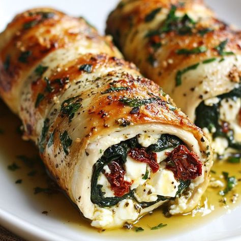 Spinach And Feta Chicken, Spinach Rolls, Feta Chicken, Chicken Rolls, Fresh Spinach, Healthy Food Motivation, Chicken Meatballs, Sun Dried Tomatoes, Spinach And Feta