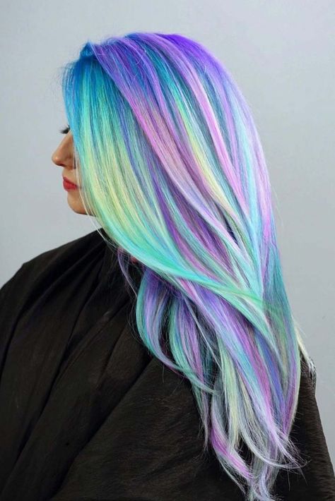 Exotic Hair Color, Unicorn Hair Color, Holographic Hair, Hair Colour Design, Mermaid Hair Color, Cotton Candy Hair, Galaxy Hair, Vivid Hair Color, Cute Hair Colors