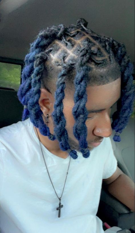 Dark Blue Locs Men, Locs Hairstyles Men Dreadlocks, Color Dreads Black Man, Dreadlock Color Ideas Men, Loc Colors For Men, Medium Length Dread Hairstyles For Men, Blue Dreads Men, Blue Locs Men, Dreads Dyed Men