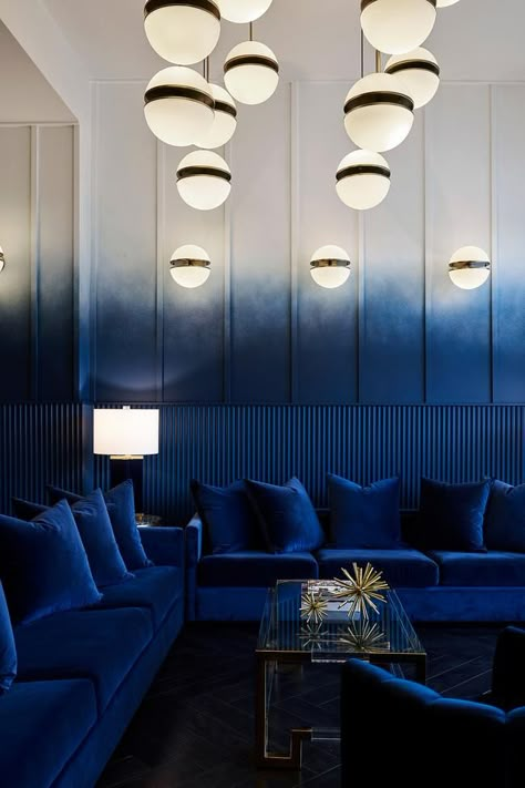 Luxe Furniture, Pantone 2020, Blue Interiors, Pantone Colour Of The Year, Ombre Wall, Dubai Hotel, Private Dining Room, Modern Restaurant, Pantone Color Of The Year