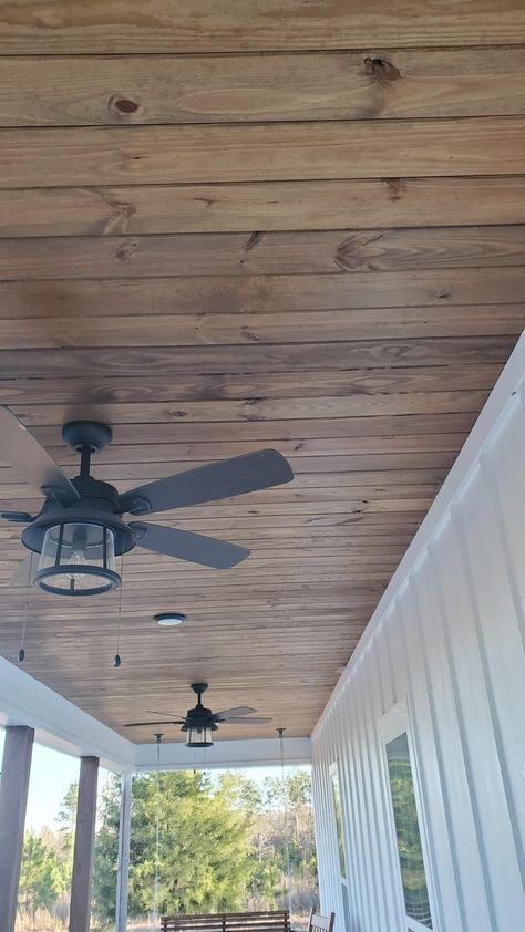 Screen Porch Remodel, Stained Patio Ceiling, Exterior Wood Ceiling, Porch Ceiling Wood Planks, Back Porch Wood Ceiling, Wood Under Front Porch Ceiling, Wood Plank Ceiling Porch, Pine Patio Ceiling, Diy Wood Porch Ceiling