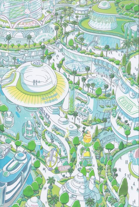 Futuristic City Utopia, Eco City, Punk Design, Parc D'attraction, City Illustration, Green City, Fantasy City, Futuristic City, Future City