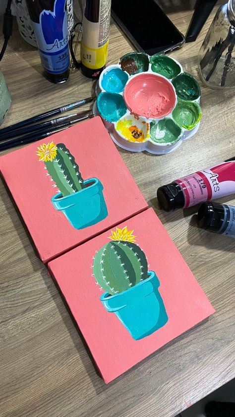 8x8 Painting Ideas, Mini Tela, Cactus Paintings, Cactus Painting, Abstract Flower Art, Canvas Painting Tutorials, Simple Canvas Paintings, Cute Canvas Paintings, Watercolor Sunset