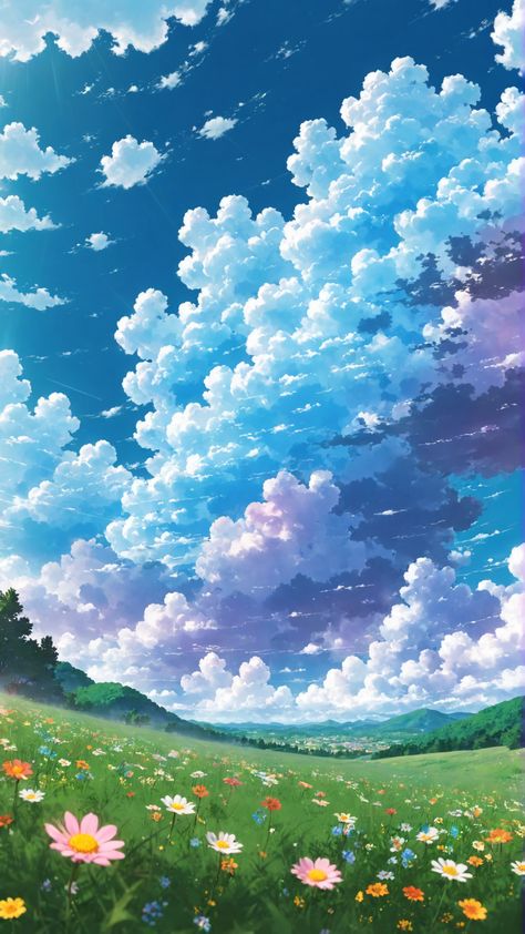 anime wallpaper, wallpaper hd, phone wallpaper, anime aesthetic, flowers field, beautiful clouds, anime landscape, background, studio ghibli