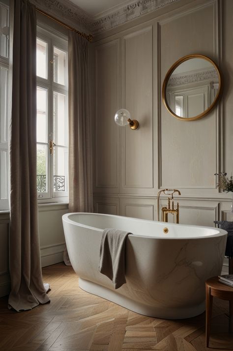 Parisian Inspired Home, Paris Apartment Bathroom, Parisien Apartment, Parisian Home Aesthetic, Parisian Bathroom Decor, Manor Interior Design, Paris Penthouse, Feminine Interior Design, Parisian Bathroom