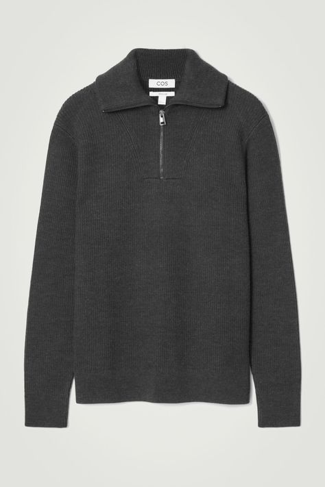 This modern sweater is expertly knitted from a blend of RWS wool and cotton that's weighty and warm. Offered in versatile black, it's shaped for a relaxed fit and designed with a foldover half-zip collar, which can be worn fastened up or slightly open to show your T-shirt underneath.  Relaxed fitSlightly dropped shouldersCertified according to the Responsible Wool Standard, to protect the welfare of the sheep and their environment Shell: 65% RWS Wool, 35% Cotton. Excluding trims / Machine wash B Modern Sweater, Pullovers Outfit, Half Zip Jumper, Wool Pullover, Zip Collar, The Sheep, Cool Outfits For Men, Half Zip Sweaters, Flight Jacket