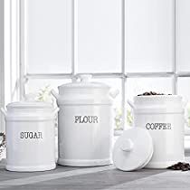 Check this out on Amazon Kitchen Counter Canisters, Farmhouse Coffee Bar Ideas, Canister Sets For Kitchen, White Canister Set, Ceramic Kitchen Canister Sets, Ceramic Kitchen Canisters, Ceramic Canister Set, White Canisters, Coffee Bar Ideas