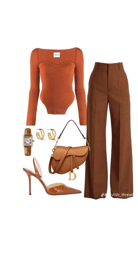 Novi Brown, Modest Girly Outfits, Dressy Casual Outfits, Color Combinations For Clothes, Brown Jeans, Orange Outfit, Beige Outfit, Casual Chique, Fall Styles