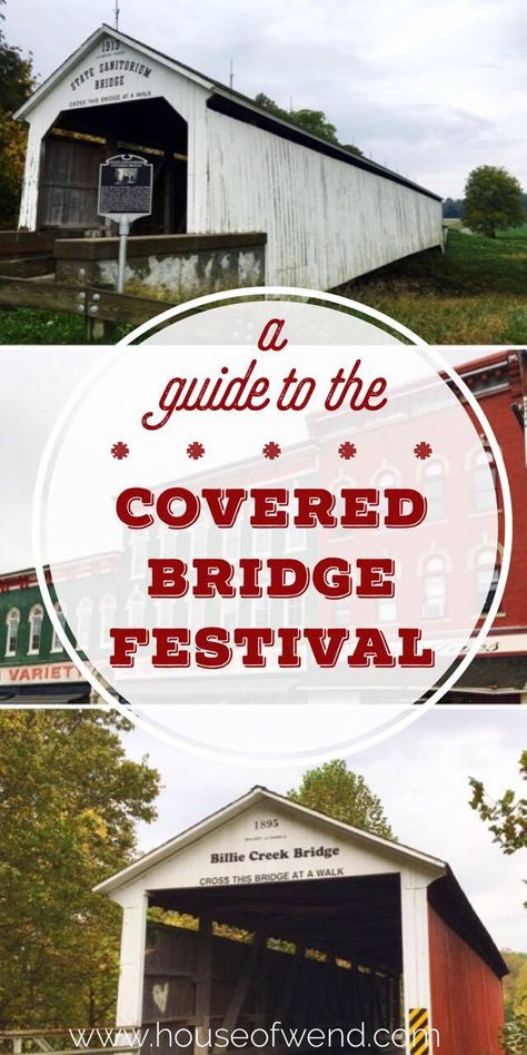 Your guide to attending the Parke County Covered Bridge Festival in Rockville, Indiana. Its 31 bridges makes Parke County the covered bridge capital of the world. Come enjoy the food, music, antiques and  more. It's guaranteed fun for the whole family! Rockville Indiana, Things To Do In Indiana, Brown County Indiana, Shopping Food, Indiana Travel, Covered Bridge, Dream Travel Destinations, Covered Bridges, Rv Life