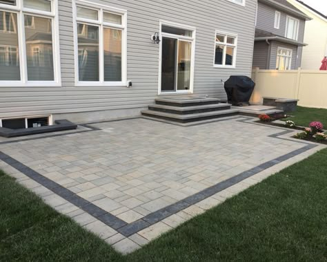 Pavers Around Deck, Backyard Step Down Patio Ideas, 2 Level Paver Patio Ideas, Step Down Patio Backyards, Patio Along Back Of House, Patio Stone Steps, Brick Patio Design Ideas Layout, Backyard Concrete Patio Ideas With Steps, Pacer Patio Ideas