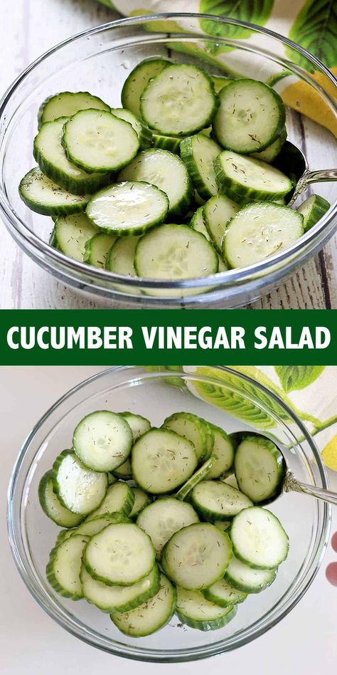 This cucumber vinegar salad is easy to make and absolutely delightful! It's fresh-tasting and pairs well with any main course you can think of. Canning Cucumber Salad Recipes, Cucumber Salad Recipes Vinegar, Easy Cucumber Salad Vinegar, Cucumber And Vinegar, Cucumbers And Vinegar, Fresh Cucumber Recipes, Cucumber Vinegar Salad, Quick Cucumber Salad, Vinegar Cucumber Salad