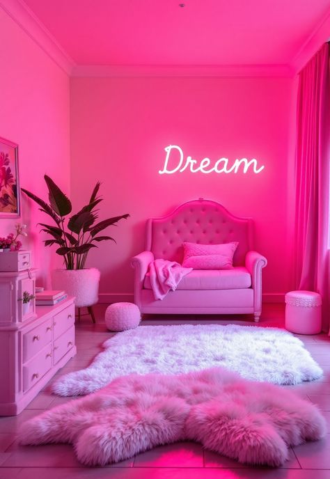 Baddie Bedroom Ideas Pink Room Baddie, Luxury Neon Bedroom, Hot Pink Canopy Bed, Pink And Black Room Aesthetic Baddie, Hot Pink Led Light Bedroom, Dark Bedding, Baddie Bedroom, Baddie Bedroom Ideas, Baddie Room