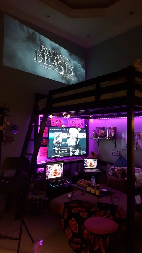 Gamer Bedroom, Loft Style Bedroom, Gamer Room Decor, Boy Bedroom Design, Bedroom Setup, Small Room Design, In My Room, Redecorate Bedroom, Gamer Room