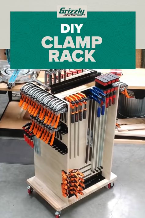 Ready for your next woodworking project? We've got a clamp rack that will help organize any woodworking shops. Clamp Rack Woodworking, Woodworking Plans Workbench, Clamp Rack, Clamp Storage, Garage Workshop Layout, Storage Shed Organization, Garage Workshop Organization, Tool Storage Cabinets, Woodshop Organization