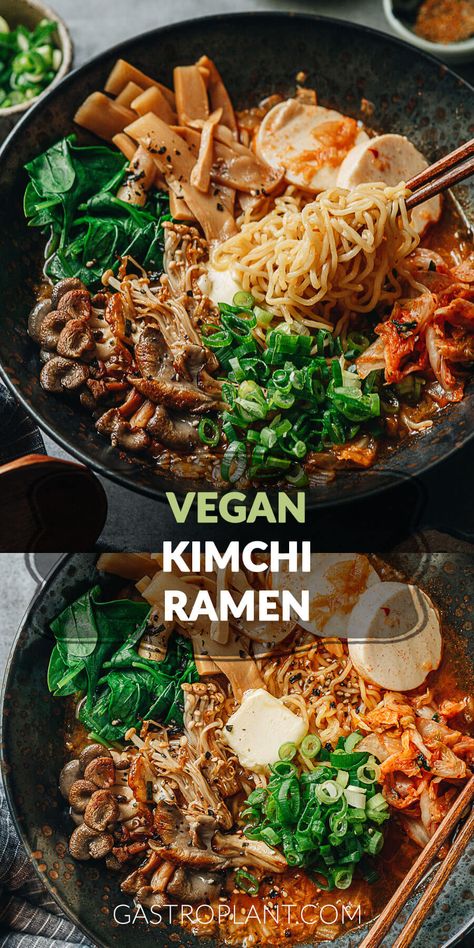 Vegan Kimchi Ramen combines things I love about both Korean instant noodles and Japanese restaurant-style ramen. It has an addictive spicy-umami broth, mushrooms, fermented bamboo shoots, and seaweed, with a touch of vegan butter on top. It’s just fun to eat, and it’s not hard to make. Raw Vegan Kimchi, Vegan Kimchi Ramen, Vegan Ramen Noodles, Vegan Kimchi Noodles, Veggie Ramen, Ramen Vegetarian, Vegan Ramen Noodle Recipes, Japanese Vegan, Easy Vegan Potluck Recipes