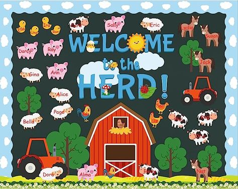 So cute for my farm themed classroom! Farming Classroom Theme, Farm Classroom Theme Decor Ideas, Farm Themed Classroom Door, Farm Animal Bulletin Board Ideas, Farm Bulletin Board Ideas, Farm Classroom Decorations, Animal Bulletin Board, Classroom Wall Decorations, Farm Classroom Theme Decor