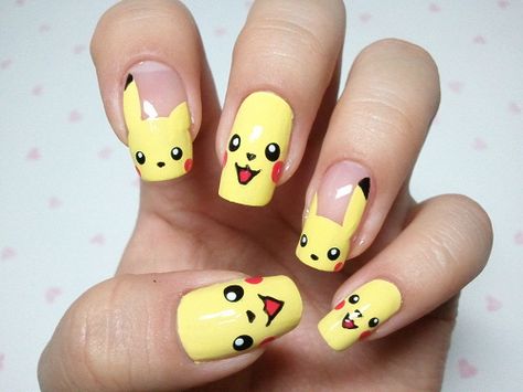 piKAAAAAAAAAAAAA oh my these are adorable Pikachu Nails, Kawaii Nail Art, Kutek Disney, Crazy Nail Art, Yellow Nail, Animal Nail Art, Cute Nail Art Designs, Nail Art Disney, Animal Nails