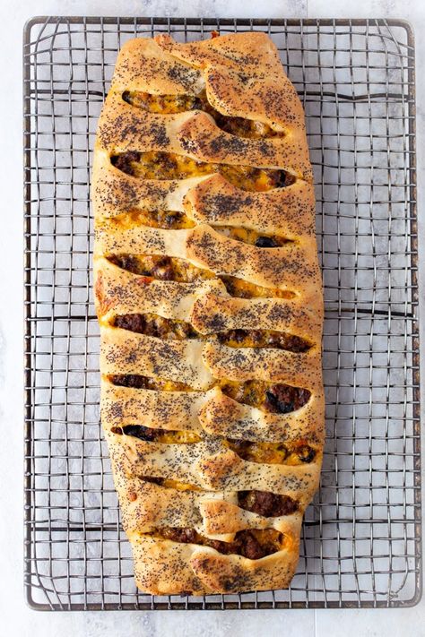 Easy Ground Beef and Cheese Stromboli - Cook Fast, Eat Well Cheeseburger Stromboli, Philly Cheese Steak Stromboli, Cheese Steak Stromboli Recipe, Cheesesteak Stromboli, Cheese Stromboli Recipe, Mozzarella Cheesesteak Stromboli, Cheese Stromboli, Taco Roll, Store Bought Pizza Dough