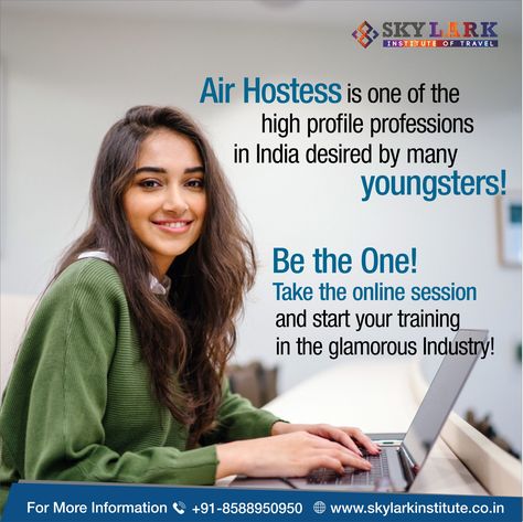 Air Hostess is one of the high profile professions in India desired by many youngsters! Be the One! Take the Online Session and Start Your Training in the glamorous Industry! #AirHostess #AirHostessInstitute #AirHostessTraining #AirHostessCourse #CabinCrew #CabinCrewCourse #SkylarkInstituteOfTravel Air Hostess Training, Air Hostess, Dream Career, Aviation Industry, Be The One, Soft Skills, Cabin Crew, Call Center, Flight Attendant