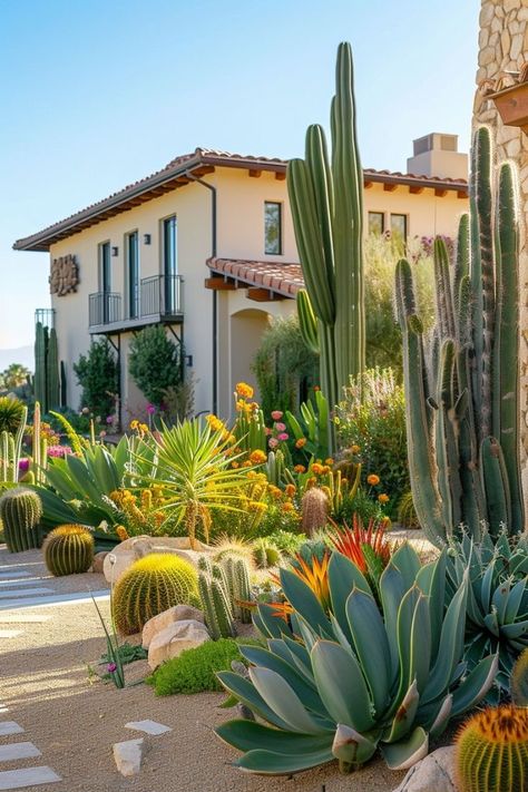 Italian Landscaping, Desert Plants Landscaping, Cactus Garden Design, Front Porch Landscape, Cactus Garden Landscaping, Home Garden Ideas, Succulent Landscape Design, Gardening Design, Front Yard Design