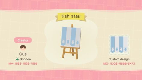 heres a simple fish stall pattern   🐟 - isle of gondoa Animal Crossing Fish, Stall Design, Animal Crossing Guide, Animal Crossing Qr Codes Clothes, Stall Designs, Animal Crossing Game, Animal Crossing Qr, Gaming Clothes, Animal Crossing