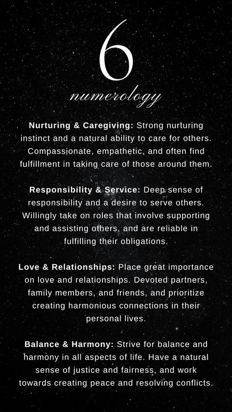 Number 6 meaning in numerology for life path (primary), expression number, soul urge (hearts desire), and birthday number. It's worth noting that the traits of the number 6 are often associated with a strong focus on relationships, family, and community. Number 6 individuals may find fulfillment in creating harmonious environments and fostering a sense of unity. Number 6 Meaning In Numerology, Numerology 6 Meaning, 6 Numerology Meaning, Life Path Number 6 Meaning, 6 Number Meaning, 6 Life Path Number, Life Path 6 Numerology, Number 6 Numerology, Number 6 Meaning