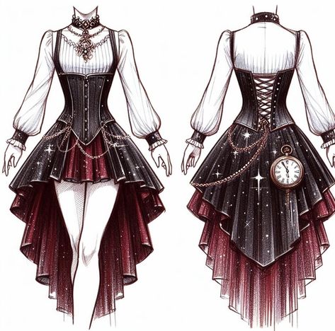 Short Dresses Sketch, Trapeze Dress Outfit, Rock Dress, Circus Outfits, Clothing Sketches, Aesthetic Dress, Fashion Sketches Dresses, Adventure Outfit, Fandom Outfits