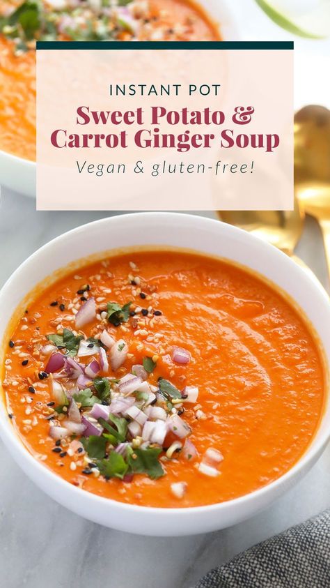 Beautiful Instant Pot Sweet Potato Carrot Ginger Soup made in under 30 minutes with fresh ginger, coconut milk, and red curry paste. Instant Pot Sweet Potato, Sweet Potato Carrot Soup, Sweet Potato Carrot, Carrot Curry, Soup Instant Pot, Carrot Ginger Soup, Ginger Soup, Sweet Potato Curry, Instant Pot Soup Recipes