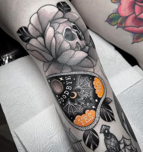 Halloween Planchette Tattoo, Spooky Leg Sleeve, Spooky Girl Tattoo, Spooky Knee Tattoo, Witch Pinup Tattoo, Ouija Planchette Tattoo, Planchette Tattoo Design, Ouija Board Tattoo, Witch Doodles