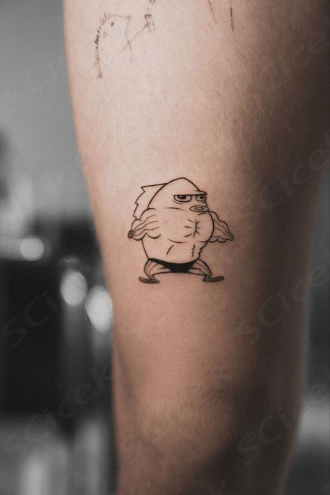 Spongebob Fish musclefish cartoon tattoo Spongebob Trio Tattoo, Spongebob Tattoo Flash, Spongebob Tattoo Ideas, Spongebob Tattoo, Cartoon Tattoo, Cartoon Tattoos, Love Tattoos, Minimalist Tattoo, Flash Tattoo