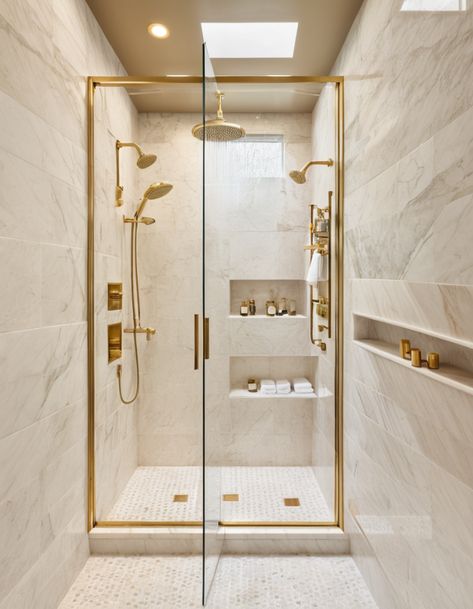 50 Small Bathroom Ideas To Maximize Space And Style Small Gold Bathroom, Bathroom Remodel Gold, White And Gold Bathroom Ideas, Small Bathroom Tile Ideas, Small Bathroom Paint, Small Bathroom Tiles, Small Bathroom Renovations, Floating Cabinets, Compact Bathroom