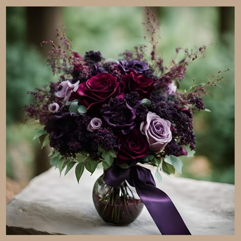 Black Purple Bouquet, Fall Purple Flowers, Gothic Bouquet Of Flowers, Gothic Arrangements, Dark Victorian Wedding, Gothic Flower Arrangements, Dark Purple Bouquet, Dark Flower Bouquet, Psychic Party