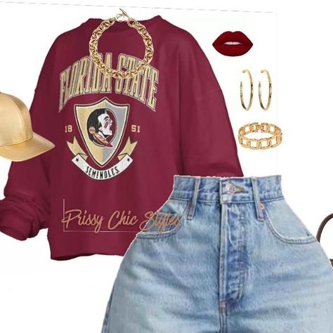 Prissy Chic Styles on Instagram: "It’s giving game day glam divas! 💋 We’re taking sporty chic to a whole new level with this FSU sweatshirt paired with denim shorts and some slayin’ maroon boots. Add a little gold accessories and that classic LV, and you’re ready to strut through the tailgate like it’s Fashion Week! Who says you can’t be comfy and fabulous at the same time?💁🏾 • Comment SHOP below to receive a DM with the link to shop this post on my LTK ⬇ https://liketk.it/4RfMS • FSU Game Day!  #TailgateChic  #PrissyChicStyles #ElevateHerStyle #BossChic #WeekendVibes #GamedayGlam #fsugirls #fsu #fsufootball" Hbcu Alumni Homecoming Outfits, Female Coach Outfits, Alumni Homecoming, Maroon Boots, Football Tailgate Outfit, Coach Outfits, Boss Chic, Fsu Football, Tailgate Outfit