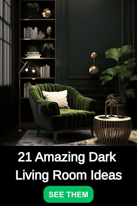 Explore 21 stunning dark living room ideas to add a touch of elegance and sophistication to your home decor. From bold accent walls to moody color palettes, these designs will inspire you to create a cozy and stylish space. Whether you prefer modern or traditional aesthetics, there's a dark living room idea for every taste. Transform your living room into a chic retreat with these amazing design inspirations! Dark Moody Small Living Room, Sitting Room Dark Walls, Dark Wall Inspiration, Small Dark Living Room Ideas Cozy, Green And Black Basement, Black Wall Green Couch, Cozy Dark Tv Room, Dark Den Ideas, Green Sofa Black Wall