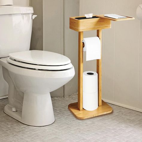 Whemyreat Toilet Roll Holder Stand,4-In-1 Toilet Paper Holder With Storage Shelf Box,Bamboo Toilet Roll Holder Free-Standing,Toilet Tissue Paper Roll,Toilet Wipe Dispenser Organizer,9.8x7.9x25.4" Wipe Dispenser, Free Standing Toilet Paper Holder, Shelf Box, Tissue Paper Roll, Toilet Paper Holder Stand, Toilet Paper Stand, Wipes Dispenser, Modern Toilet, Toilet Tissue