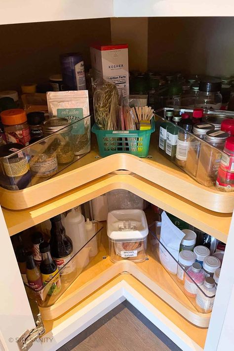 Corner Spice Storage, Organizing Lazy Susan Cabinet Kitchens, Seasoning Organization Cabinet, Organize Lazy Susan Corner Cabinet, Organizing Lazy Susan Cabinet, What To Store In Lazy Susan Cabinet, Lazy Susan Storage Ideas, Lazy Susan Kitchen Cabinet, Lazy Susan Ideas