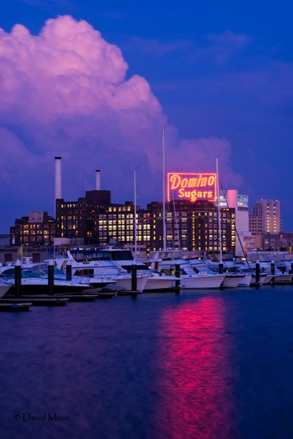 Baltimore's Inner Harbor at Twilight highlighting the Domino Sugar building. Baltimore Photography, Baltimore Harbor, Federal Hill Baltimore, Baltimore Inner Harbor, Baltimore Md, Baltimore City, Twilight Photos, Baltimore Maryland, Bay City