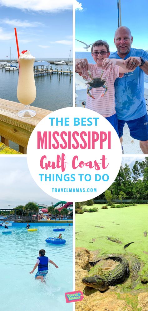 Things To Do On The Mississippi Gulf Coast.  Looking for fun activities for your Mississippi vacation? Taking a road trip through the charming towns of Biloxi, Gulf Port, Ocean Springs, Pass Christian and more small towns provide plenty of unique experiences! Besides the beautiful beaches, there are water parks, boat trips (crabbing or shrimping experiences!), fun restaurants and places to eat, alligator tours, and more.  This comprehensive list will help plan your travel itinerary! #Mississippi Pass Christian Mississippi, Gulf Port Mississippi, Things To Do In Mississippi, Mississippi Coast, Mississippi Vacation, Louisiana Vacation, Visit Mississippi, Ocean Springs Mississippi, Gulf Coast Vacations