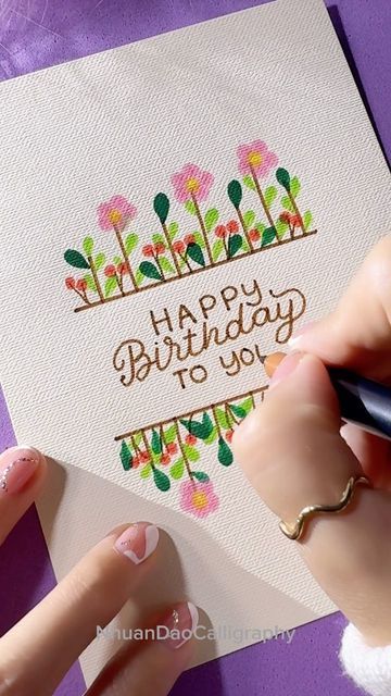 Hand Lettering Birthday Card Ideas, Draw A Birthday Card Hand Drawn, Procreate Birthday Card Ideas, Card Fonts Hand Lettering, Brush Pen Birthday Card, Calligraphy Projects Ideas, Hand Lettering Cards Ideas, Cute Card Doodles, Aesthetic Handmade Cards