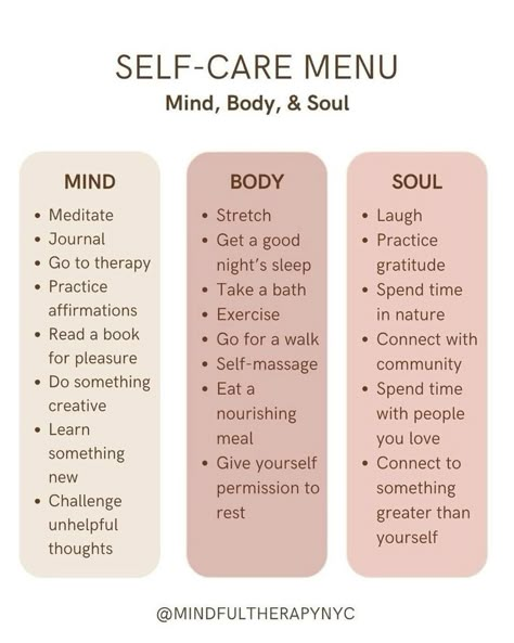 Self Body Care, Self Care Needs List, Self Care Notes Ideas, Mind Body Soul Activities, Mind Body Soul Self Care Ideas, Self Care Spirituality, Self Care Image Ideas, How To Self Care Tips, Self Care Categories Different Forms Of Self Care, Self Care Needs List, How To Self Care Tips, Mind Body Soul Self Care Ideas, Mind Self Care, Selfcare Instagram Posts, Self Care List For Women, Self Care Icebreaker, Healing Mind Body Soul Quotes