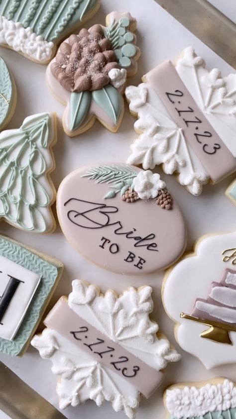 Jess Bakes | custom cookies (@jessbakesforfun) • Instagram photos and videos Snow In Love Cookies, Wedding Christmas Cookies, Winter Bridal Shower Cookies, Christmas Bridal Shower Cookies, Christmas Engagement Cookies, Winter Wedding Cookies Decorated, Winter Wedding Cookies, Christmas Bridal Shower Ideas, Winter Bridal Shower Ideas